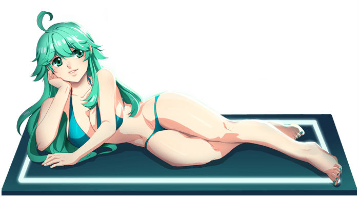 1girl ahoge arm_support artist_request barefoot bikini breasts feet green green_bikini green_eyes green_hair green_nails large_breasts long_hair looking_at_viewer lying matching_hair/eyes nail_polish navel on_side parted_lips rule_34-tan smile solo swimsuit toenail_polish
