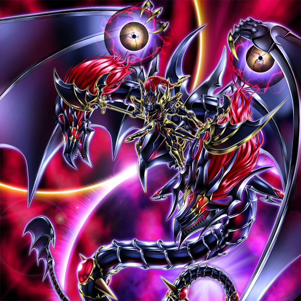 1boy armor black_wings chaos_end_ruler_-_ruler_of_the_beginning_and_the_end dragon dragon_tail dragon_wings dual_wielding duel_monster eclipse energy_ball extra_eyes full_armor halberd knight long_hair looking_back malganis-lefay multiple_heads open_mouth pale_skin polearm red_eyes redhead riding sharp_teeth tail teeth weapon wings yu-gi-oh!