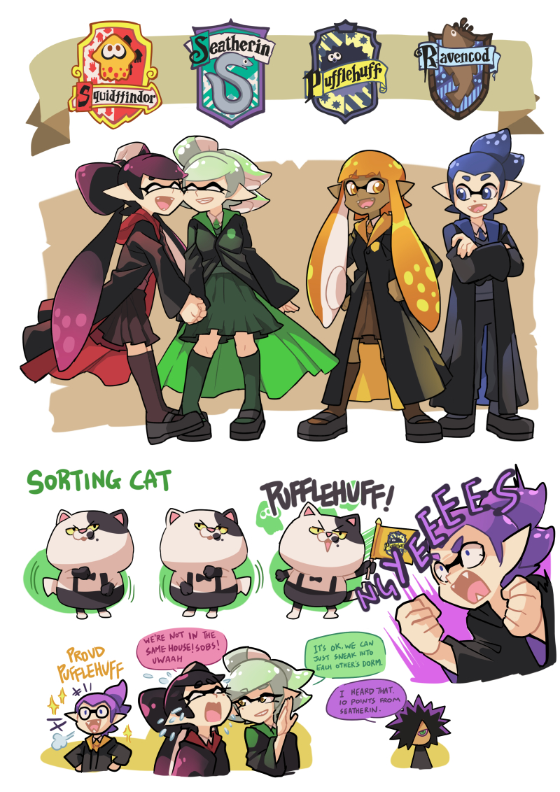 3girls 4boys aori_(splatoon) bangs black_hair black_legwear black_shoes black_skirt blue_eyes blue_hair blunt_bangs brown_eyes cat closed_eyes cosplay crossed_arms crying daunii_(splatoon) domino_mask fangs grey_hair hand_holding hands_on_hips harry_potter hotaru_(splatoon) hug inkling jajji-kun_(splatoon) long_hair long_sleeves looking_at_another looking_at_viewer mask mole mole_under_eye multiple_boys multiple_girls open_mouth orange_eyes orange_hair pleated_skirt pointy_ears pun purple_hair robe school_uniform shoes short_hair skirt smile socks spiky_hair splatoon standing tentacle_hair whispering wong_ying_chee