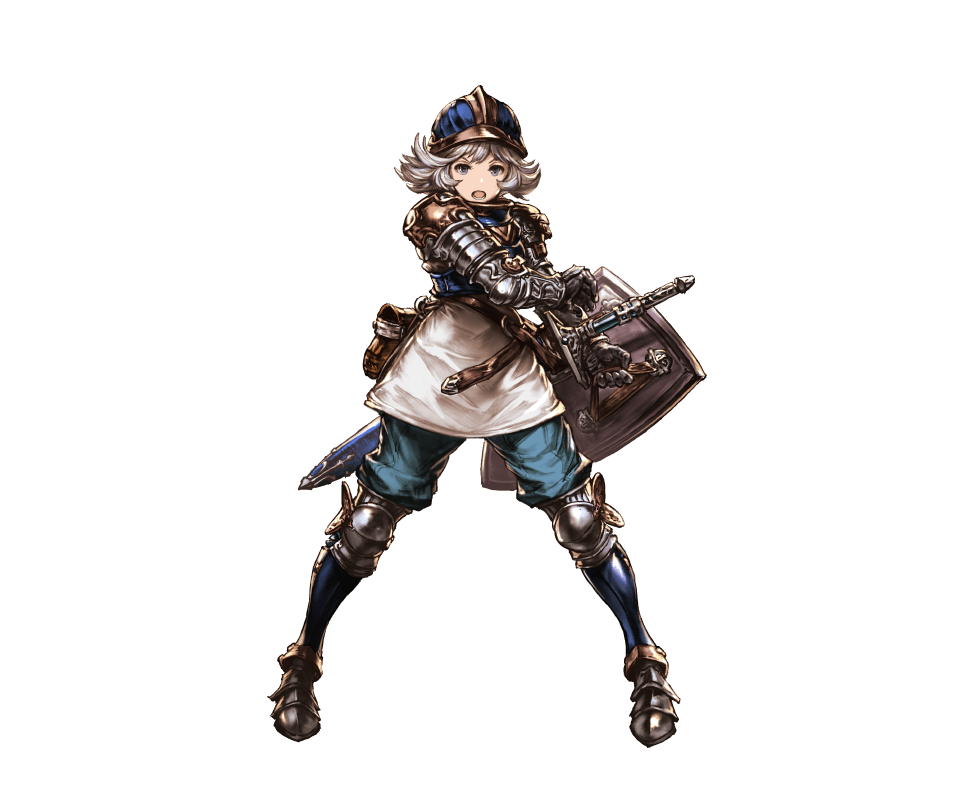 1girl armor armored_boots bag belt blue_eyes boots breastplate farrah_(granblue_fantasy) full_body gauntlets granblue_fantasy helmet holding minaba_hideo open_mouth shield short_hair simple_background solo thigh-highs weapon white_hair
