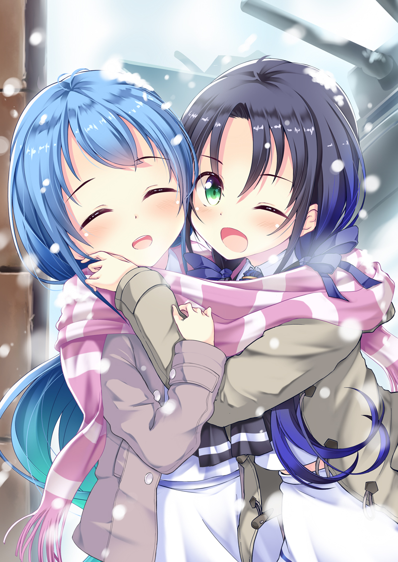 2girls :d ;d ^_^ aqua_hair arms_around_neck bangs blue_hair blush closed_eyes coat green_eyes hitsujibane_shinobu kantai_collection long_hair long_sleeves looking_at_viewer low_twintails multiple_girls one_eye_closed open_mouth outdoors parted_bangs samidare_(kantai_collection) scarf school_uniform shared_scarf smile snow snowing striped striped_scarf suzukaze_(kantai_collection) swept_bangs tongue twintails upper_body vertical_stripes very_long_hair winter_clothes
