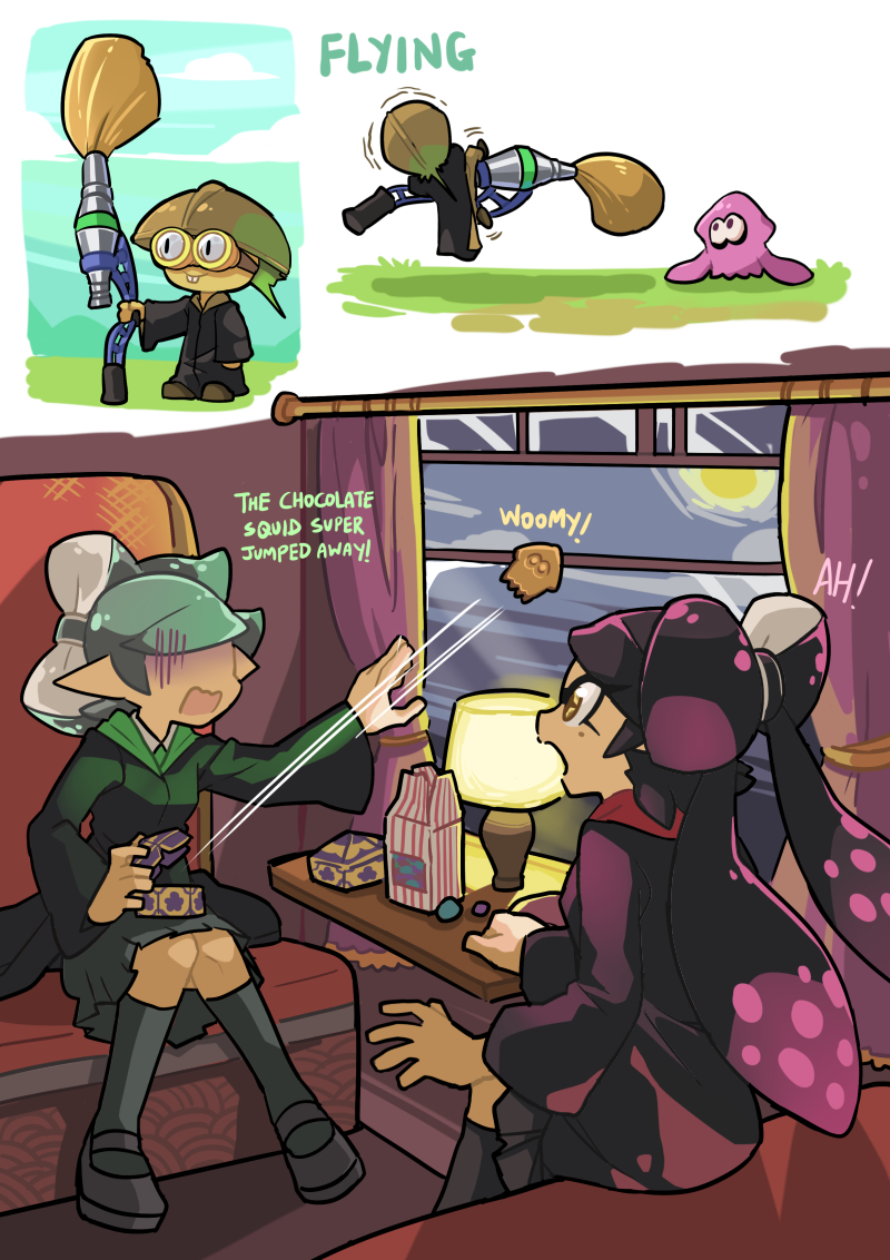 +_+ 1boy 2girls aori_(splatoon) black_hair black_legwear black_shoes black_skirt brown_eyes bukichi_(splatoon) chocolate cosplay domino_mask goggles grey_hair harry_potter helmet holding hotaru_(splatoon) indoors inkbrush_(splatoon) inkling long_hair long_sleeves mask mole mole_under_eye multiple_girls open_mouth outdoors pleated_skirt pointy_ears riding robe school_uniform shoes short_hair sitting skirt sky socks splatoon squid standing tentacle_hair vehicle_interior window wong_ying_chee