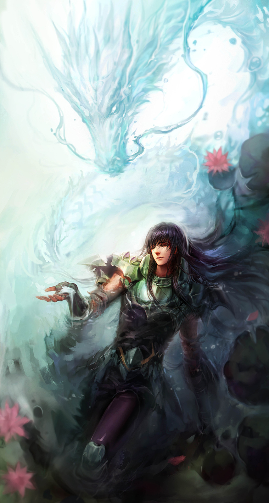 1boy armor black_hair dragon dragon_shiryu eyes_closed floating_hair fooltown highres long_hair male saint_seiya solo water