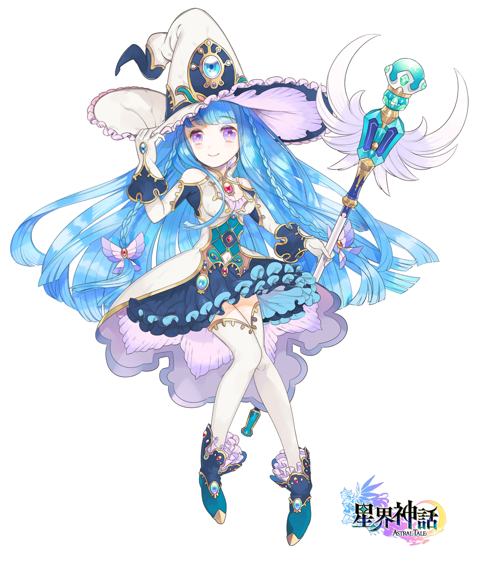 1girl artist_request blue_hair boots dress full_body gem hair_ornament_removed hat holding jewelry long_hair pleated_skirt short_dress simple_background skirt smile solo staff thigh-highs very_long_hair violet_eyes white_legwear witch_hat zettai_ryouiki