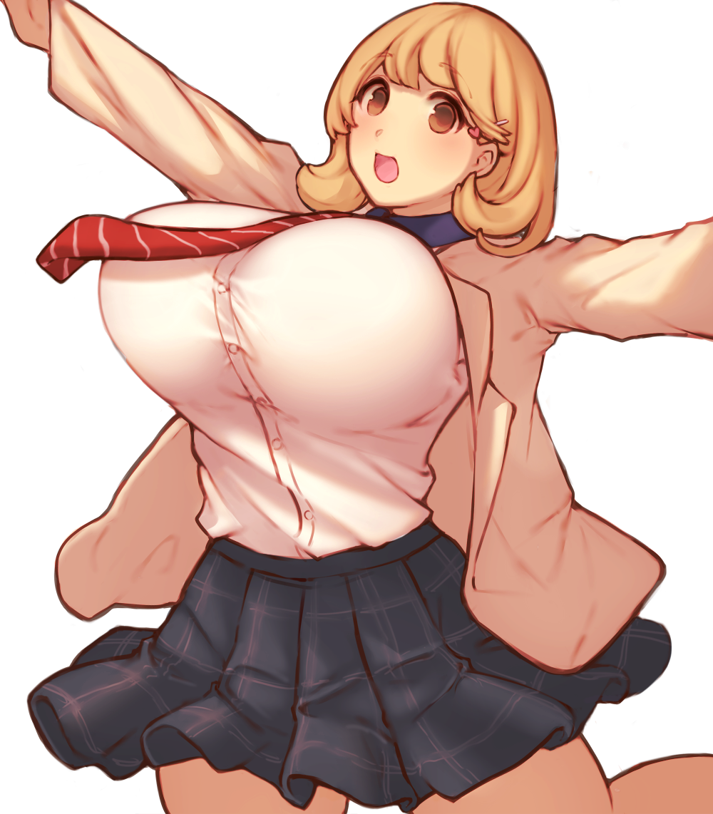 1girl bouncing_breasts breasts brown_eyes brown_hair huge_breasts jacket looking_at_viewer mogu_(kanikama_mgmg) narusawa_ryouka necktie occultic;nine outstretched_arms plaid plaid_skirt short_hair simple_background skirt smile solo striped striped_necktie thighs white_background