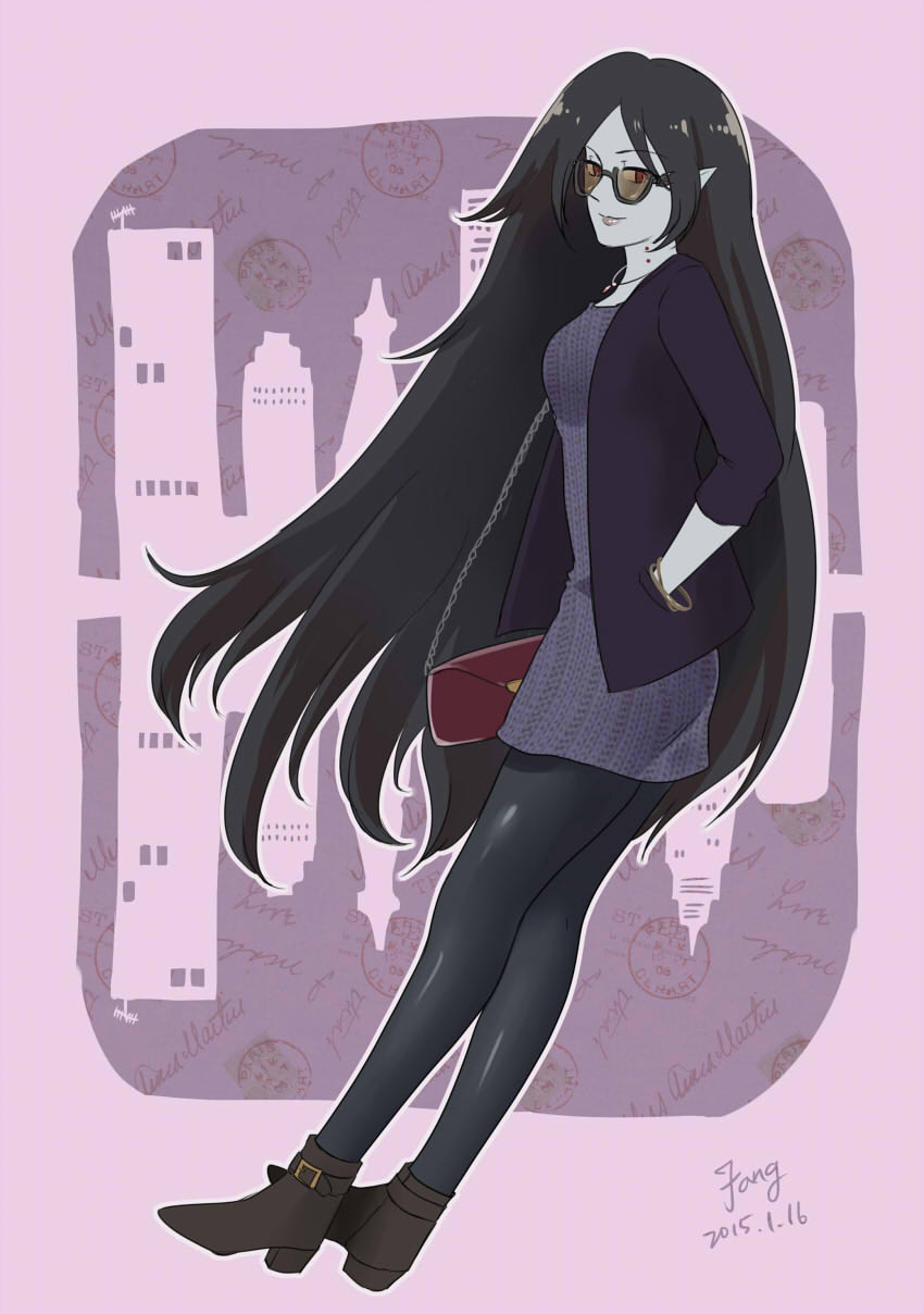 1girl adventure_time bag bite_mark black_hair black_legwear boots bracelet contemporary dated dress fangcovenly grey_skin hand_in_pocket handbag highres jacket jewelry long_hair looking_at_viewer looking_to_the_side marceline_abadeer necklace pantyhose pointy_ears red_eyes short_dress signature solo sunglasses vampire very_long_hair