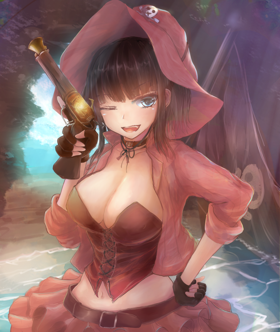 1girl belt black_gloves blue_eyes blue_sky breasts brown_hair choker cleavage fingerless_gloves flag gloves gun hand_on_hip handgun hat jolly_roger large_breasts looking_at_viewer midriff navel one_eye_closed open_mouth outdoors pirate_hat pistol red_hat red_skirt sennen_sensou_aigis skirt sky smile solo standing takei_(jamfusion) verotte_(sennen_sensou_aigis) water weapon