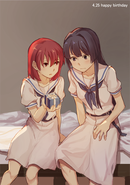 2girls akni bed black_eyes black_hair blush dated gift happy_birthday hirose_sumire long_hair miyanaga_teru multiple_girls open_mouth red_eyes redhead saki school_uniform short_hair sitting white_clothes