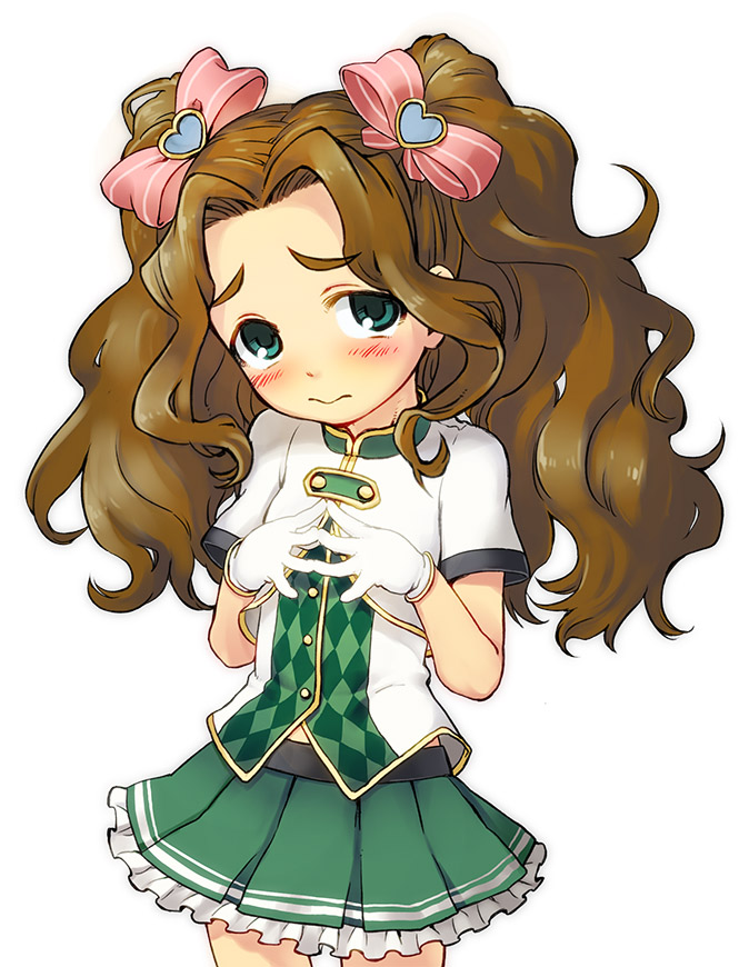 1girl blush bow brown_hair gloves green_eyes green_skirt hair_bow idolmaster idolmaster_cinderella_girls kusakabe_wakaba long_hair looking_at_viewer nametake skirt solo white_gloves