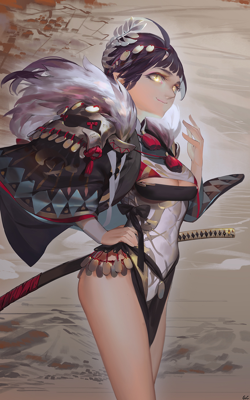 1girl ahoge armor black_hair breasts china_dress chinese_clothes cleavage closed_eyes covered_navel cowboy_shot dress eyelashes flower geolim hair_flower hair_ornament hand_on_hip highres japanese_armor katana kote large_breasts laurels legs_together loincloth long_sleeves original pelvic_curtain scabbard sheath sheathed short_hair smile sode solo sword tassel weapon wide_sleeves wreath yellow_eyes