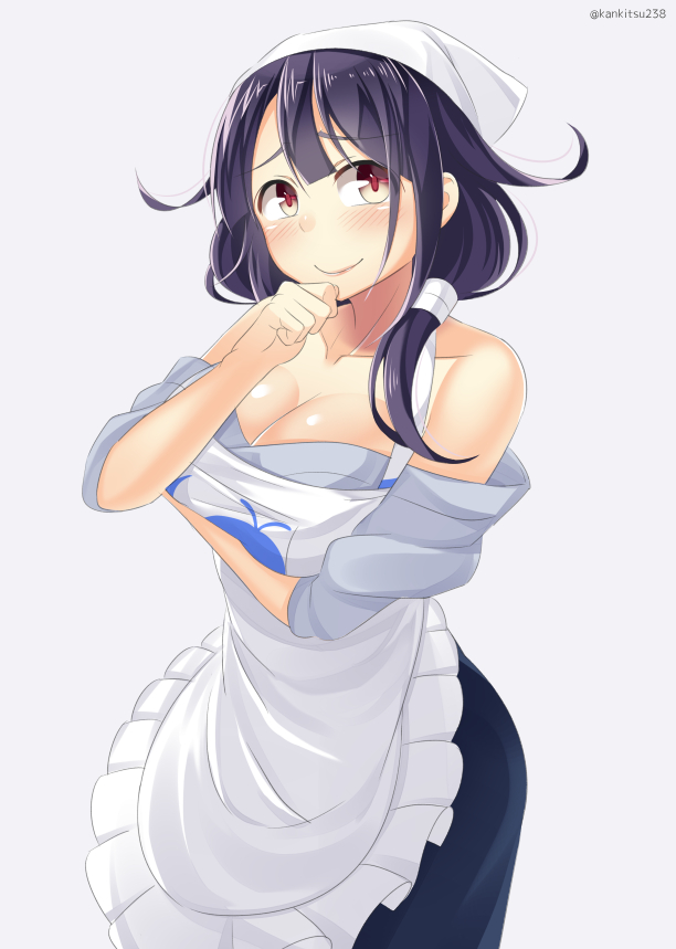 1girl ahoge apron bandanna bare_shoulders black_hair blush breasts cleavage hair_flaps japanese_clothes kankitsunabe_(citrus) kantai_collection kimono long_hair looking_at_viewer low_twintails red_eyes smile solo standing taigei_(kantai_collection) twintails