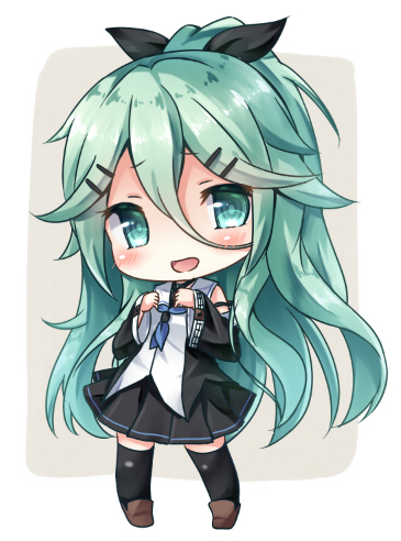 1girl :d bare_shoulders black_bow black_legwear black_serafuku black_skirt blush bow brown_shoes chibi detached_sleeves elbow_gloves gloves green_eyes green_hair hair_between_eyes hair_bow hair_ornament hairclip kantai_collection loafers long_hair looking_at_viewer lowres matching_hair/eyes messy_hair neckerchief open_mouth pigeon-toed pleated_skirt ribbon sailor_collar school_uniform serafuku shoes skirt smile solo tareme thigh-highs very_long_hair wide_sleeves yamakaze_(kantai_collection) yuko_(kwong159)