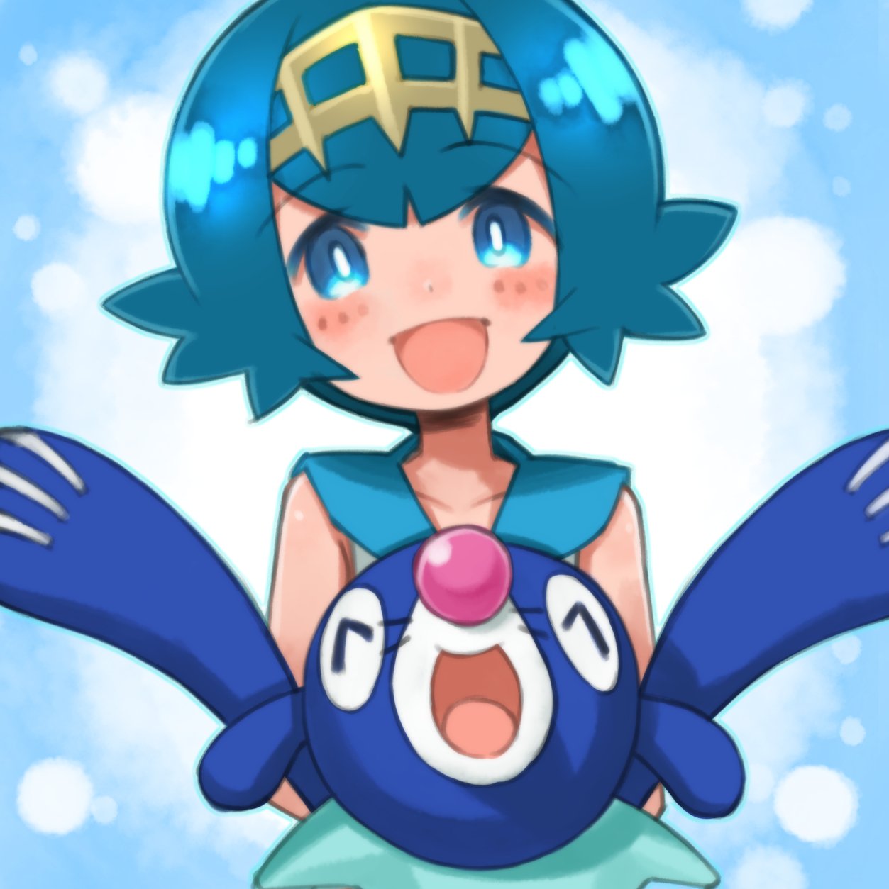 1girl blue_eyes blue_hair hairband highres nada_haruka open_mouth pokemon pokemon_(game) pokemon_sm popplio short_hair suiren_(pokemon)