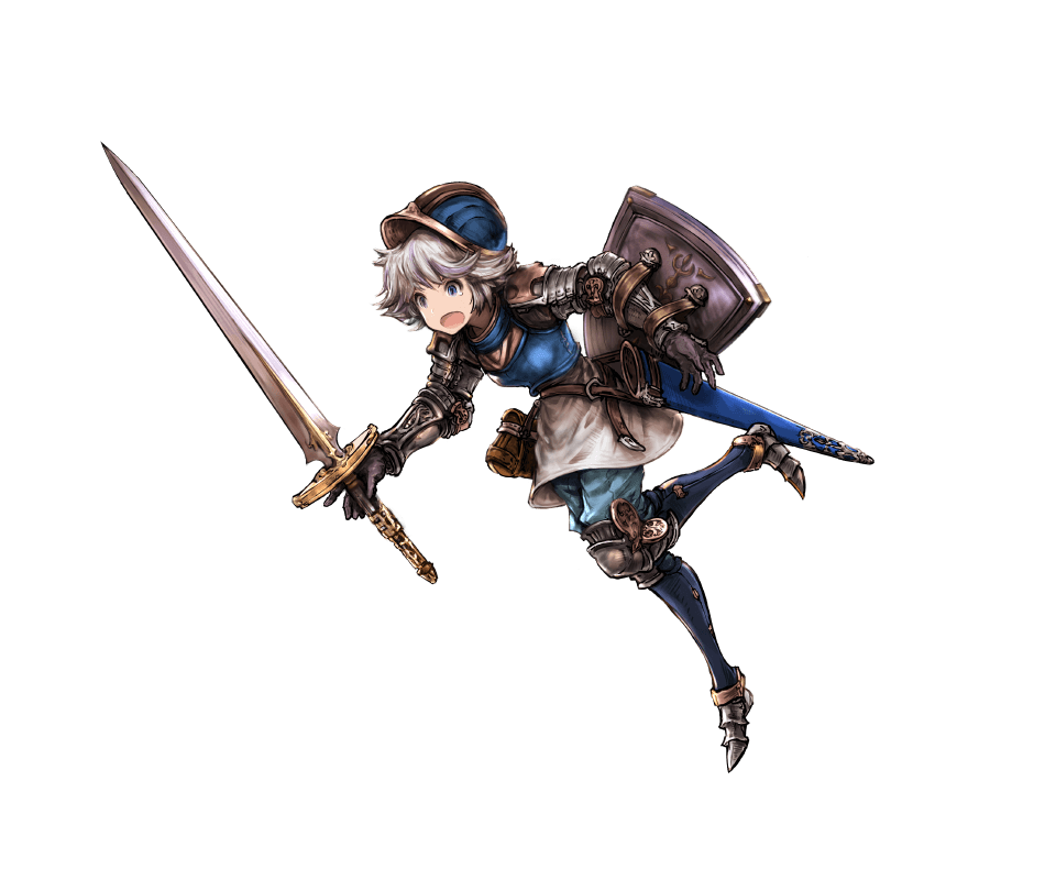 1girl armor armored_boots bag belt blue_eyes boots breastplate farrah_(granblue_fantasy) full_body gauntlets granblue_fantasy helmet holding holding_weapon minaba_hideo open_mouth shield short_hair simple_background solo thigh-highs tripping weapon white_hair