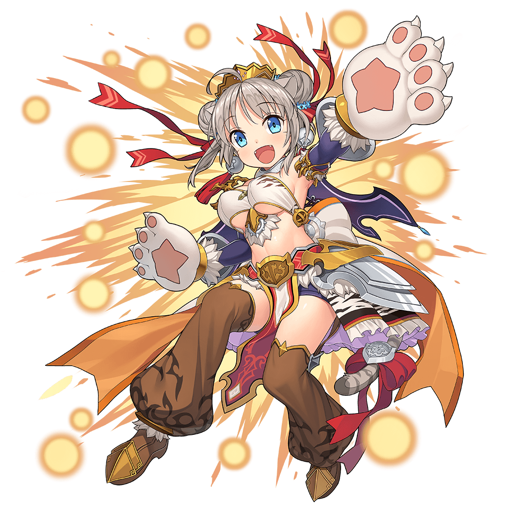 1girl artist_request blue_eyes breasts brown_legwear character_request double_bun elbow_gloves facial_mark fangs full_body gloves official_art open_mouth paw_gloves pelvic_curtain ribbon short_hair solo striped_tail tail tail_ribbon thigh-highs tiger_print transparent_background uchi_no_hime-sama_ga_ichiban_kawaii under_boob
