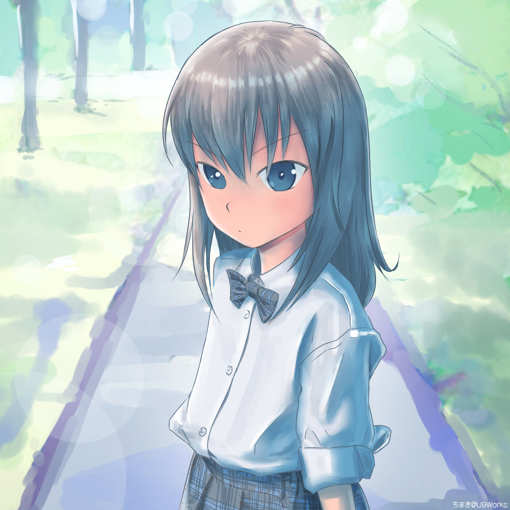 1girl artist_name blue_eyes blurry bokeh bow chimaki_(u9works) depth_of_field girls_und_panzer itsumi_erika looking_at_viewer park path plaid plaid_bow plaid_skirt road school_uniform silver_hair skirt sleeves_rolled_up solo tree younger