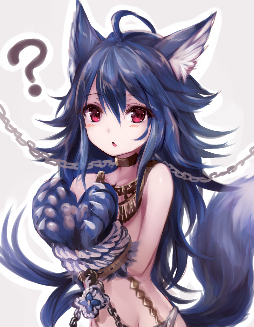 1girl ? ahoge animal_ears blue_hair blush bound bound_wrists chains fenrir_(shingeki_no_bahamut) granblue_fantasy hair_between_eyes highres jewelry long_hair looking_at_viewer necklace out_of_character paws pink_eyes red_eyes shingeki_no_bahamut simple_background solo sukemyon tail wolf_ears wolf_tail