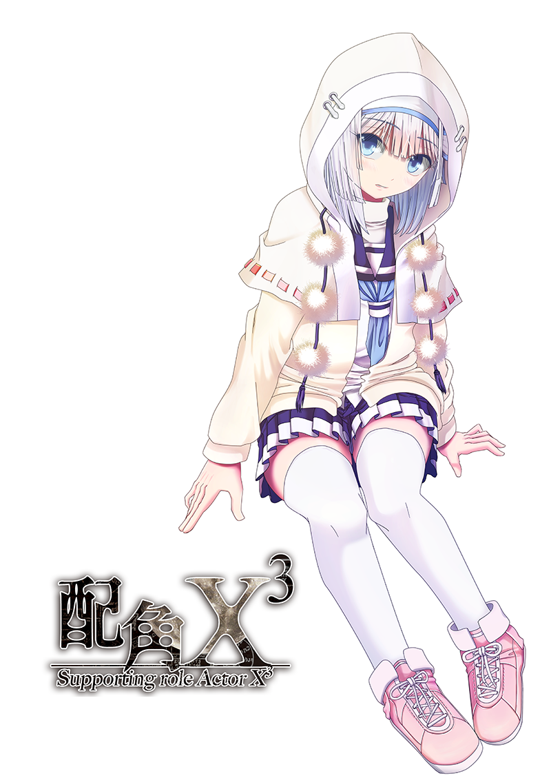 1girl blue_eyes capelet eyebrows eyebrows_visible_through_hair hood looking_at_viewer original pleated_skirt short_hair silver_hair simple_background sitting skirt solo thigh-highs white_background white_legwear windfeathers zettai_ryouiki
