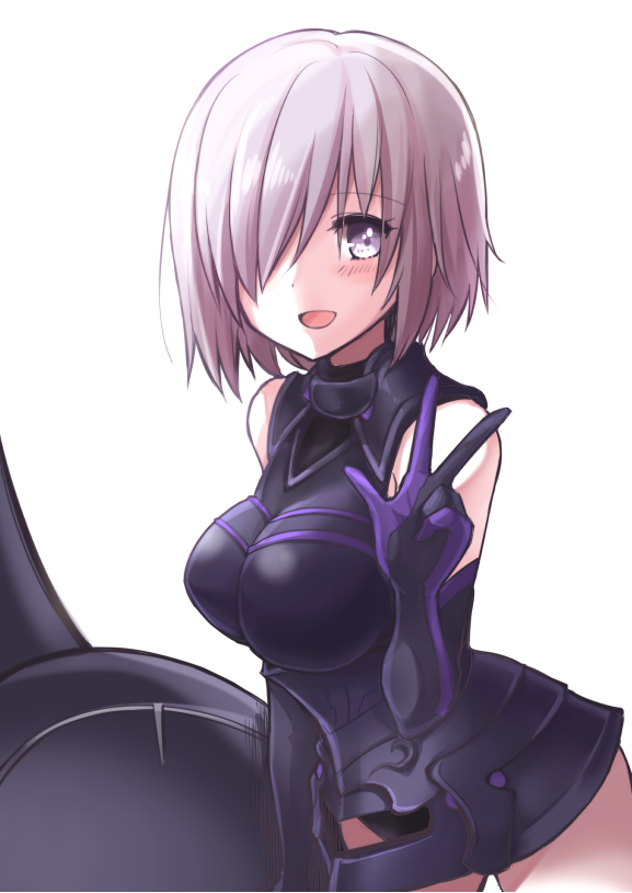 1girl blush breasts elbow_gloves fate/grand_order fate_(series) gloves hair_over_one_eye lavender_eyes lavender_hair leaning_forward looking_at_viewer medium_breasts quro_(black_river) shield shielder_(fate/grand_order) short_hair solo w white_background