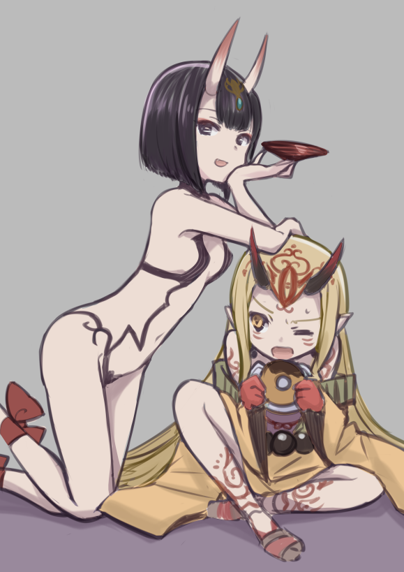 2girls :d black_hair blonde_hair breasts chin_rest fang fate/grand_order fate_(series) hand_on_another's_head head_tilt ibaraki_douji_(fate/grand_order) japanese_clothes kimono kneeling leg_ribbon multiple_girls navel off_shoulder one_eye_closed oni oni_horns open_mouth orange_eyes petite pointy_ears quro_(black_river) red_ribbon ribbon sakazuki short_hair shuten_douji_(fate/grand_order) sitting small_breasts smile sweatdrop tattoo violet_eyes