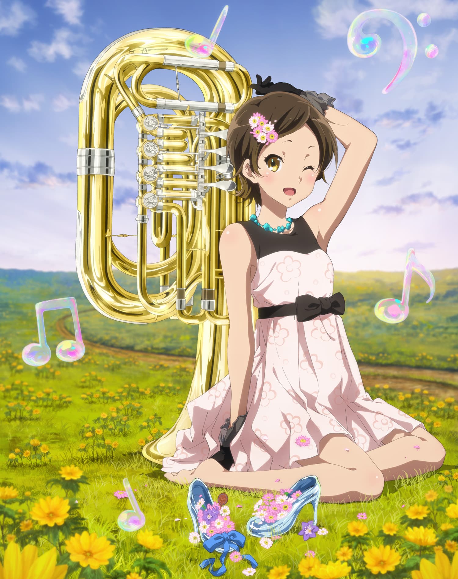 1girl ;d barefoot bass_clef beamed_quavers black_gloves brown_hair clouds crotchet dress feet flower full_body glass_slipper gloves grass hair_flower hair_ornament hibike!_euphonium highres instrument jewelry katou_hazuki looking_at_viewer musical_note necklace official_art one_eye_closed open_mouth outdoors plant quaver scan shoes_removed short_hair sitting smile solo tuba vines