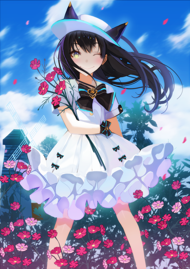 1girl bangs black_hair blush bow clouds cloudy_sky day dress eyebrows eyebrows_visible_through_hair field flower flower_field frilled_dress frills hair_between_eyes hat long_hair mingou91 one_eye_closed original outdoors petals sky smile solo white_dress wind windmill yellow_eyes