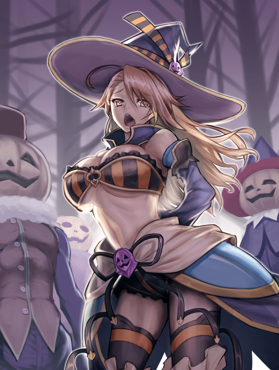 1girl arms_behind_back backlighting bangs bare_shoulders beatrix_(granblue_fantasy) black_legwear black_ribbon breasts brown_eyes brown_hair chestnut_mouth cleavage cowboy_shot detached_sleeves granblue_fantasy halloween_costume hat jack-o'-lantern jonylaser large_breasts long_hair looking_at_viewer midriff navel open_mouth ribbon skirt strapless thigh-highs tubetop under_boob witch_hat