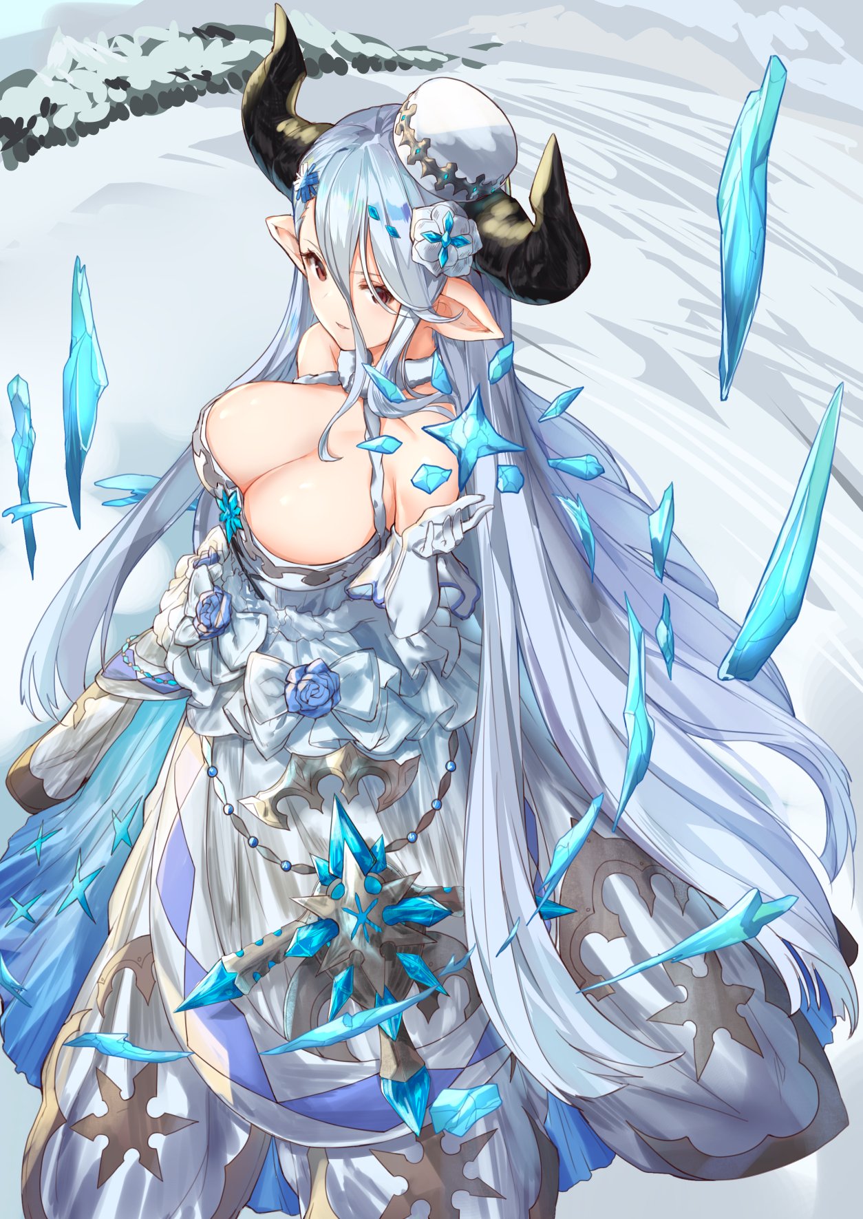 1girl ato_(haru_ato) bare_shoulders blue_rose breasts brown_eyes choker cleavage doraf elbow_gloves flower gloves granblue_fantasy hair_ornament hat highres horns izmir large_breasts long_hair pointy_ears rose silver_hair solo very_long_hair white_gloves