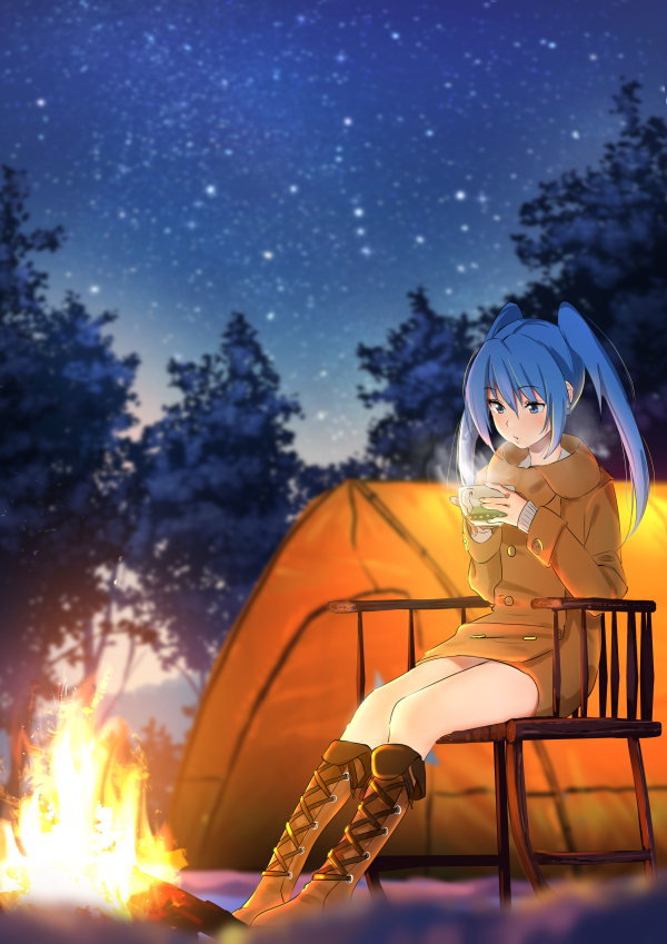 1girl blue_eyes blue_hair boots campfire chair coat domo1220 hatsune_miku knee_boots long_hair outdoors sitting sky solo star_(sky) starry_sky tent tree vocaloid