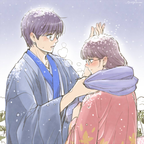 1boy 1girl 3mm bag black_hair breath extra gintama glasses handbag hanten_(clothes) japanese_clothes looking_at_another looking_down lowres purple_hair scarf shimura_shinpachi smile snow twitter_username winter_clothes