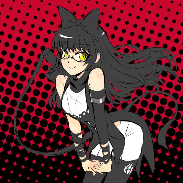 1girl bare_shoulders black_hair blake_belladonna bow commentary female flat_color gambol_shroud glasses hair_bow halftone halftone_background iesupa long_hair polka_dot polka_dot_background rwby solo yellow_eyes