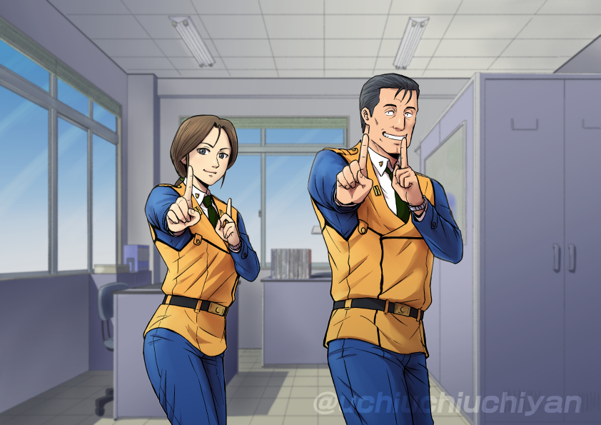 1boy 1girl belt black_hair brown_hair gotou_kiichi grin indoors kidou_keisatsu_patlabor koi_dance nagumo_shinobu necktie police police_uniform ponytail smile twitter_username uchiyan-uchizum uniform vest window