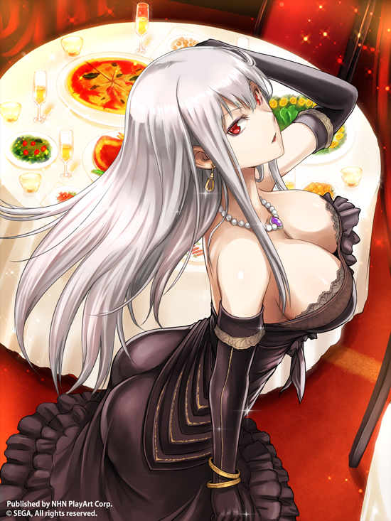 1girl alternate_costume ass bare_shoulders black_dress bracelet breasts champagne_flute cleavage cup dress drinking_glass earrings elbow_gloves food gloves hand_in_hair jewelry large_breasts lipstick long_hair looking_at_viewer makeup necklace open-back_dress pearl_necklace pizza red_eyes selvaria_bles senjou_no_valkyria senjou_no_valkyria_1 silver_hair solo sparkle table tablecloth tea_(nakenashi) watermark