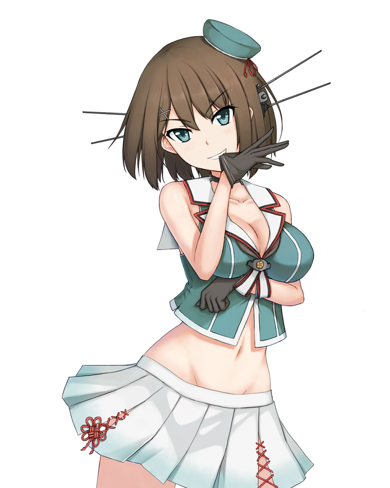 1girl adjusting_clothes adjusting_gloves bare_shoulders biting black_gloves blue_eyes breast_hold breasts brown_hair choker cleavage collarbone eyebrows eyebrows_visible_through_hair ghound gloves grin hair_ornament hat hat_ribbon headgear kantai_collection large_breasts looking_at_viewer maya_(kantai_collection) midriff miniskirt navel pleated_skirt red_ribbon ribbon simple_background skirt smile solo standing white_background white_skirt x_hair_ornament