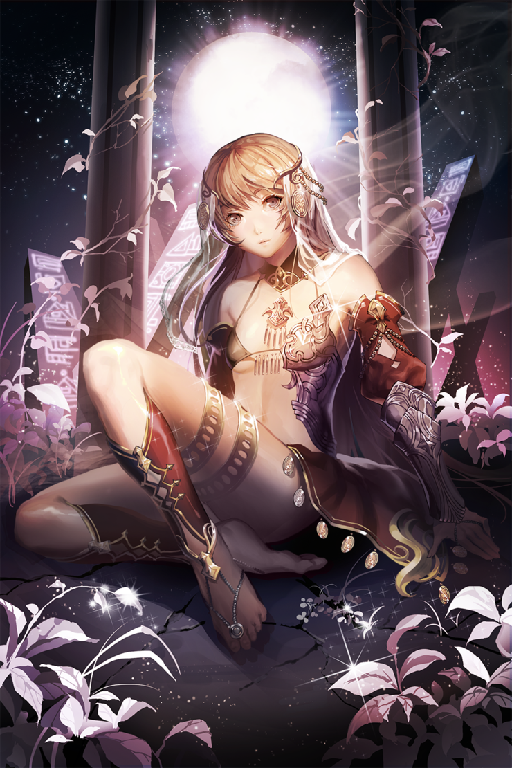 1girl arms_at_sides bangs bare_shoulders barefoot barefoot_sandals bikini_top blonde_hair breasts brown_bikini_top brown_eyes choker column detached_sleeves devil_maker flower full_moon gauntlets jewelry knee_up leaf long_hair looking_at_viewer midriff moon navel necklace nose parted_lips pillar plant ser323 sitting sky small_breasts solo sparkle star_(sky) starry_sky thigh_strap toenails toes veil