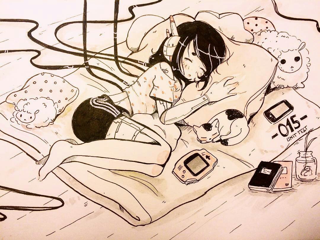 1girl animal barefoot black_hair black_shorts blanket book cable cat closed_eyes commentary crisalys cyborg female flower_pot full_body handheld_game_console headphones indoors lying monochrome open_mouth original pillow plant sheep shirt short_hair short_sleeves shorts sleeping solo