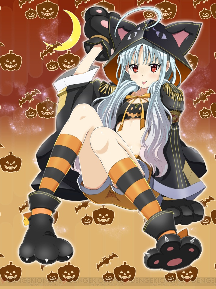 1girl ahoge aliasse animal_costume animal_hood bat cat_hood coat crescent_moon gloves halloween hood jack-o'-lantern kimura_shigetaka knees_together_feet_apart long_hair looking_at_viewer midriff moon navel official_art paw_gloves paw_shoes red_eyes senjou_no_valkyria senjou_no_valkyria_2 shoes shorts silver_hair sitting solo striped striped_legwear tongue tongue_out