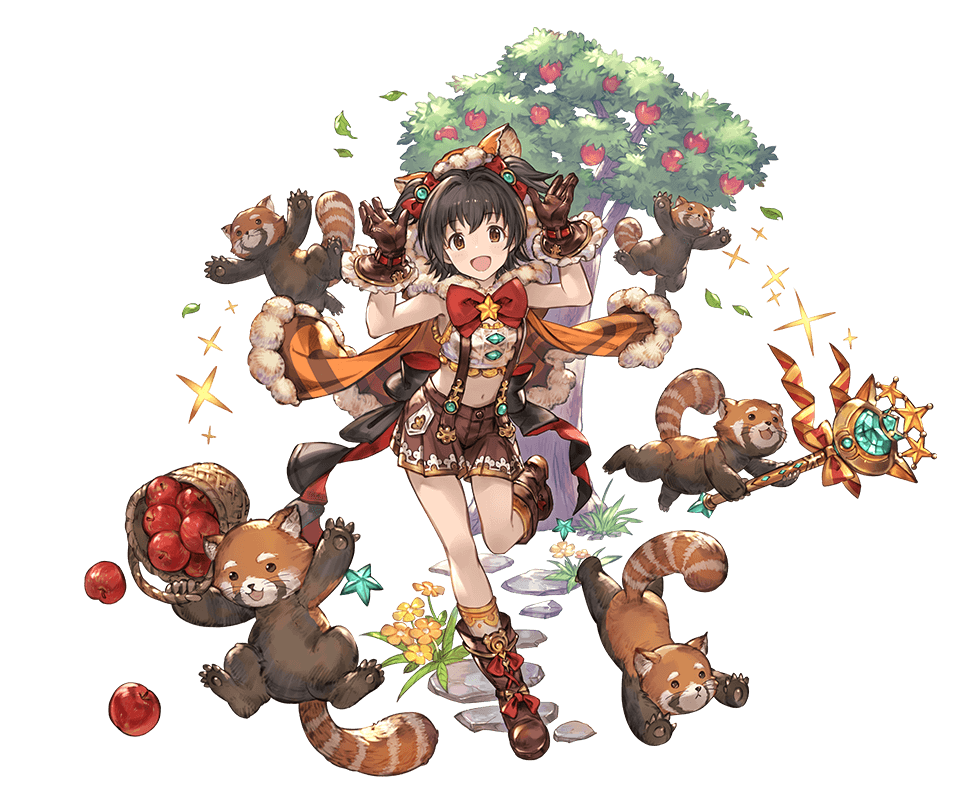 1girl :d akagi_miria animal animal_hood ankle_boots black_hair boots bow brown_eyes brown_gloves brown_shorts crop_top flat_chest full_body gloves granblue_fantasy hairband holding hood idolmaster idolmaster_cinderella_girls minaba_hideo navel official_art open_mouth red_bow red_panda scepter short_hair shorts simple_background smile solo star suspenders transparent_background two_side_up