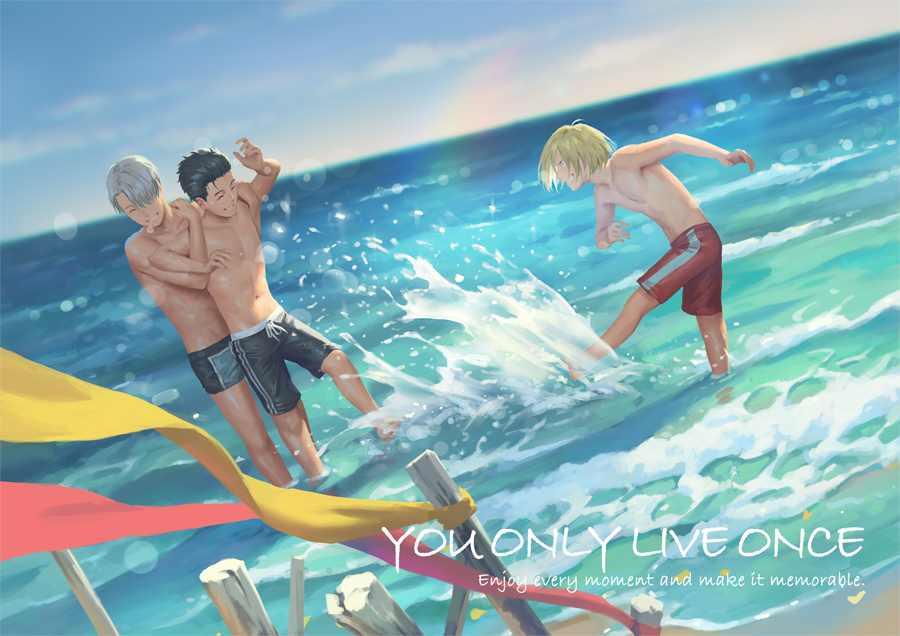 3boys ^_^ beach black_hair blonde_hair closed_eyes dutch_angle english grin katsuki_yuuri kicking male_focus male_swimwear multiple_boys penguin_frontier shirtless silver_hair smile swim_trunks swimwear viktor_nikiforov water yuri!!!_on_ice yuri_plisetsky