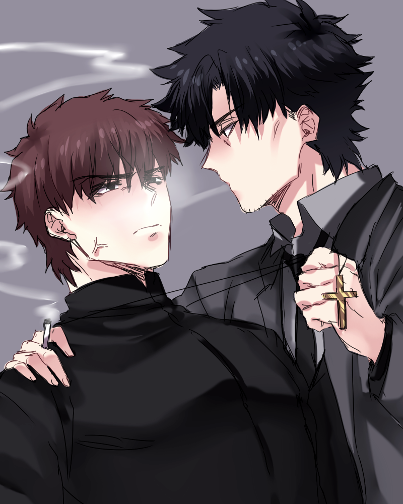 2boys anger_vein blowing_smoke brown_eyes brown_hair cassock cigarette cross cross_necklace emiya_kiritsugu facial_hair fate/stay_night fate/zero fate_(series) habit holding jewelry kotomine_kirei labcoat male_focus multiple_boys necklace necktie nerd_(seouryong) priest pulled_by_another simple_background smoke smoke_trail smoking standing stubble yaoi