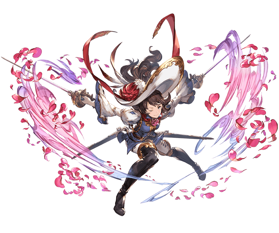 1girl ange_d'erlanger blue_eyes boots brown_hair detached_sleeves dual_wielding granblue_fantasy hat holding holding_weapon juliet_sleeves long_hair long_sleeves looking_at_viewer minaba_hideo one_eye_closed petals puffy_sleeves simple_background smile solo sword thigh-highs thigh_boots weapon