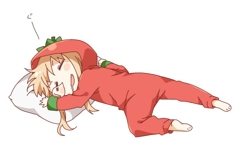 1girl barefoot blonde_hair blush_stickers chibi closed_eyes drooling long_hair long_sleeves lying messy_hair namori nose_bubble on_stomach open_mouth pajamas pillow simple_background solo tomato_costume toshinou_kyouko white_background yuru_yuri