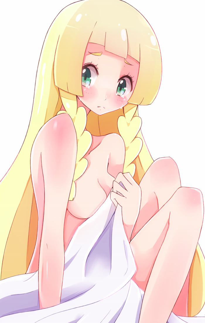 1girl bangs blanket blonde_hair blunt_bangs blush braid breasts cleavage covering covering_nipples enelis green_eyes lillie_(pokemon) long_hair medium_breasts naked_sheet nude nude_cover pokemon pokemon_(game) pokemon_sm solo tearing_up twin_braids white_background