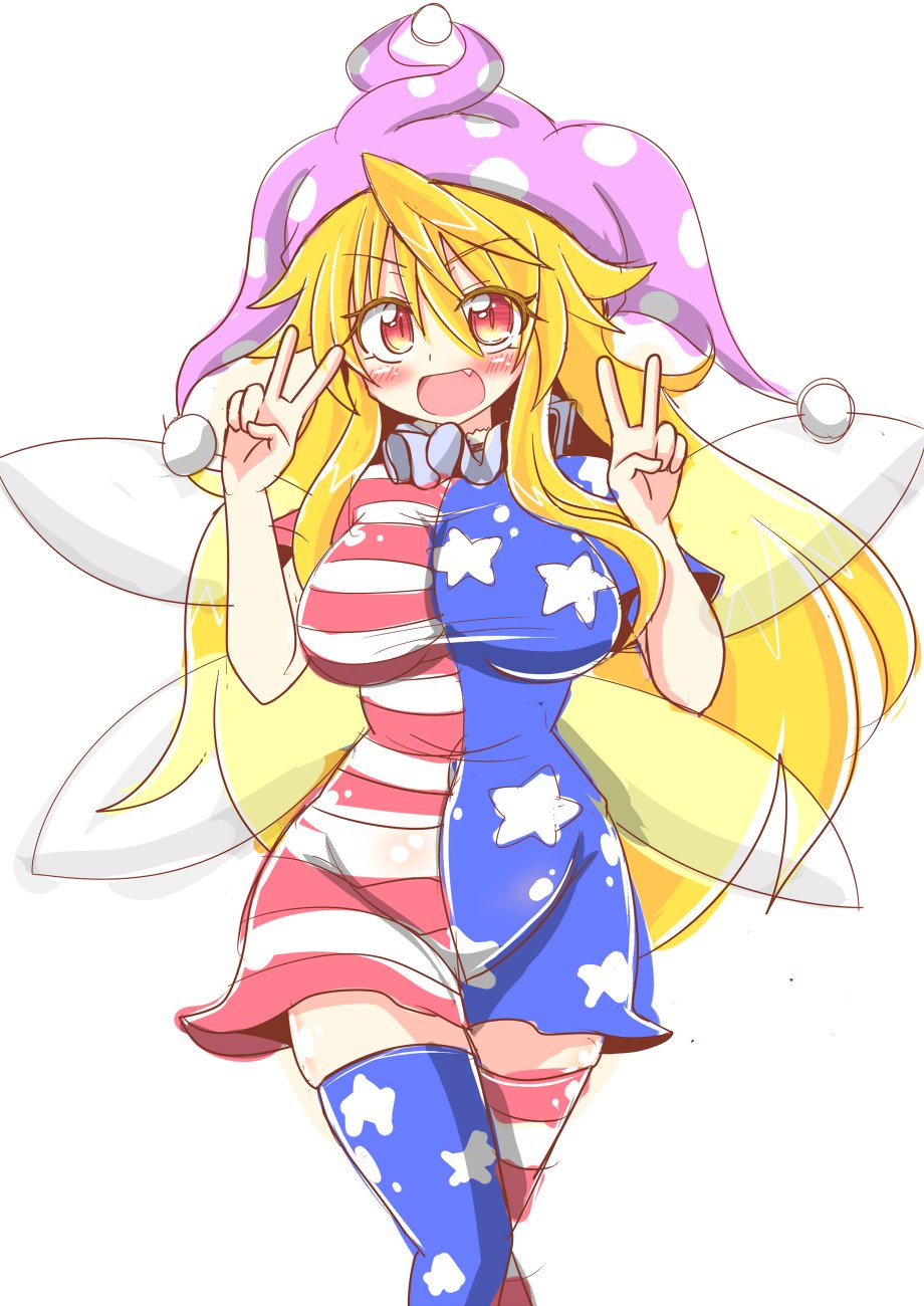 1girl :d adapted_costume alternate_legwear american_flag_dress american_flag_legwear bangs blonde_hair blush breasts clownpiece colored_eyelashes covered_navel cowboy_shot curvy double_v dress error eyebrows eyebrows_visible_through_hair eyes_visible_through_hair fairy_wings fang gradient_eyes groin hair_between_eyes hands_up hat highres hips impossible_clothes jester_cap knees_together large_breasts long_hair looking_at_viewer medium_breasts multicolored_eyes open_mouth red_eyes rindou_(p41neko) shiny shiny_clothes shiny_hair short_dress short_sleeves skindentation smile solo standing thigh-highs touhou v very_long_hair white_background wings yellow_eyes zettai_ryouiki