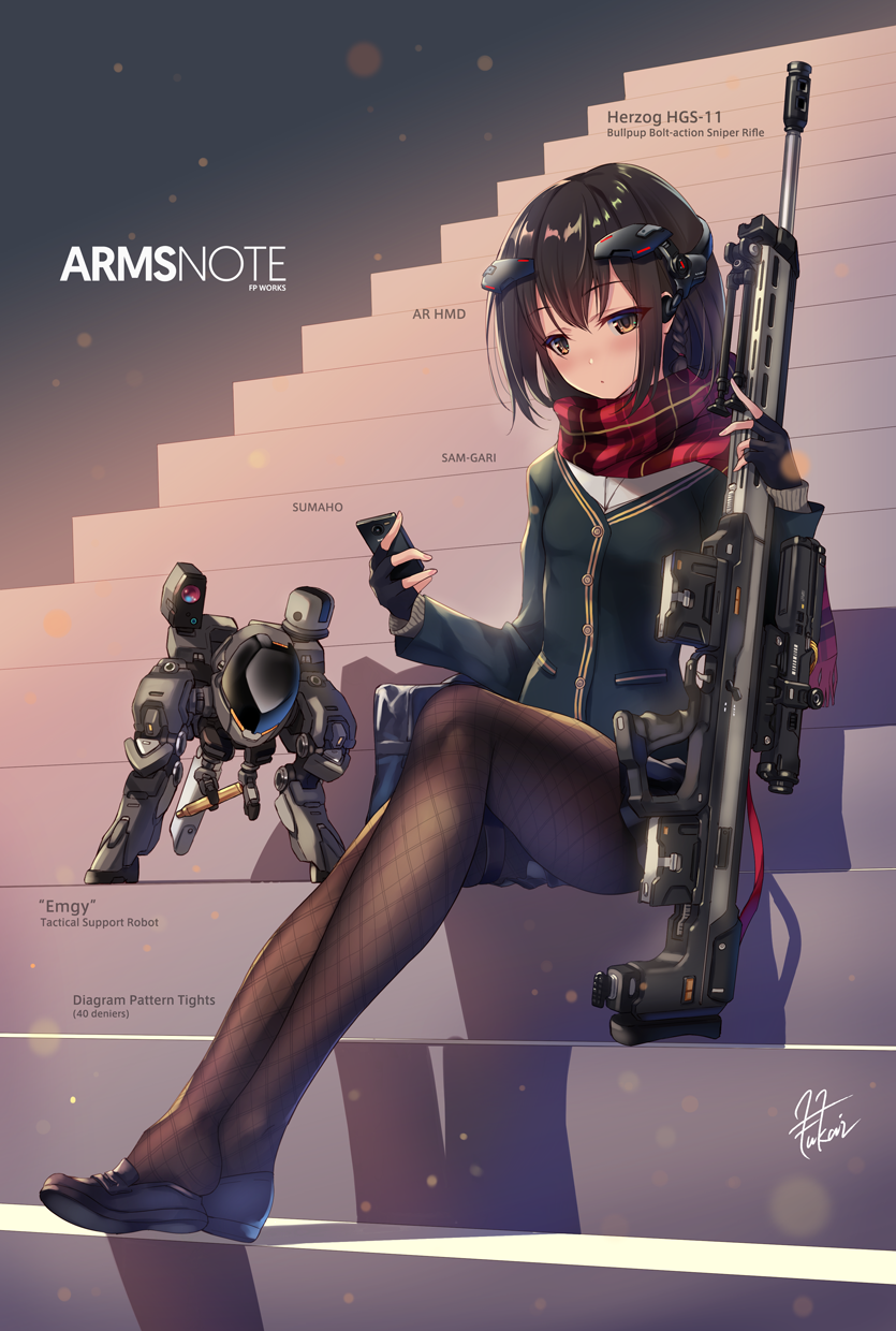 1girl black_gloves black_legwear blush brown_eyes brown_hair cardigan cellphone commentary_request feet fingerless_gloves fukai_ryousuke gloves gun headgear highres holding holding_gun holding_weapon loafers original pantyhose phone red_scarf rifle robot scarf shoes short_hair signature sitting sniper_rifle solo weapon