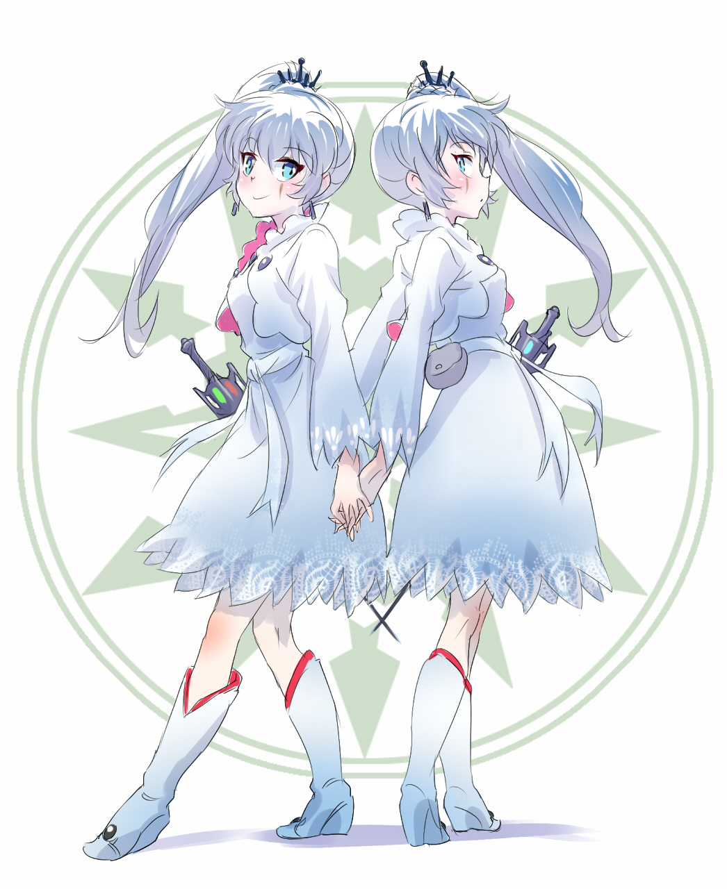 2girls back-to-back blue_eyes boots dress dual_persona female full_body hand_holding highres iesupa interlocked_fingers jacket looking_at_viewer multiple_girls myrtenaster open_clothes open_jacket ponytail pouch rapier rwby scar side_ponytail sword weapon weiss_schnee white_background white_hair