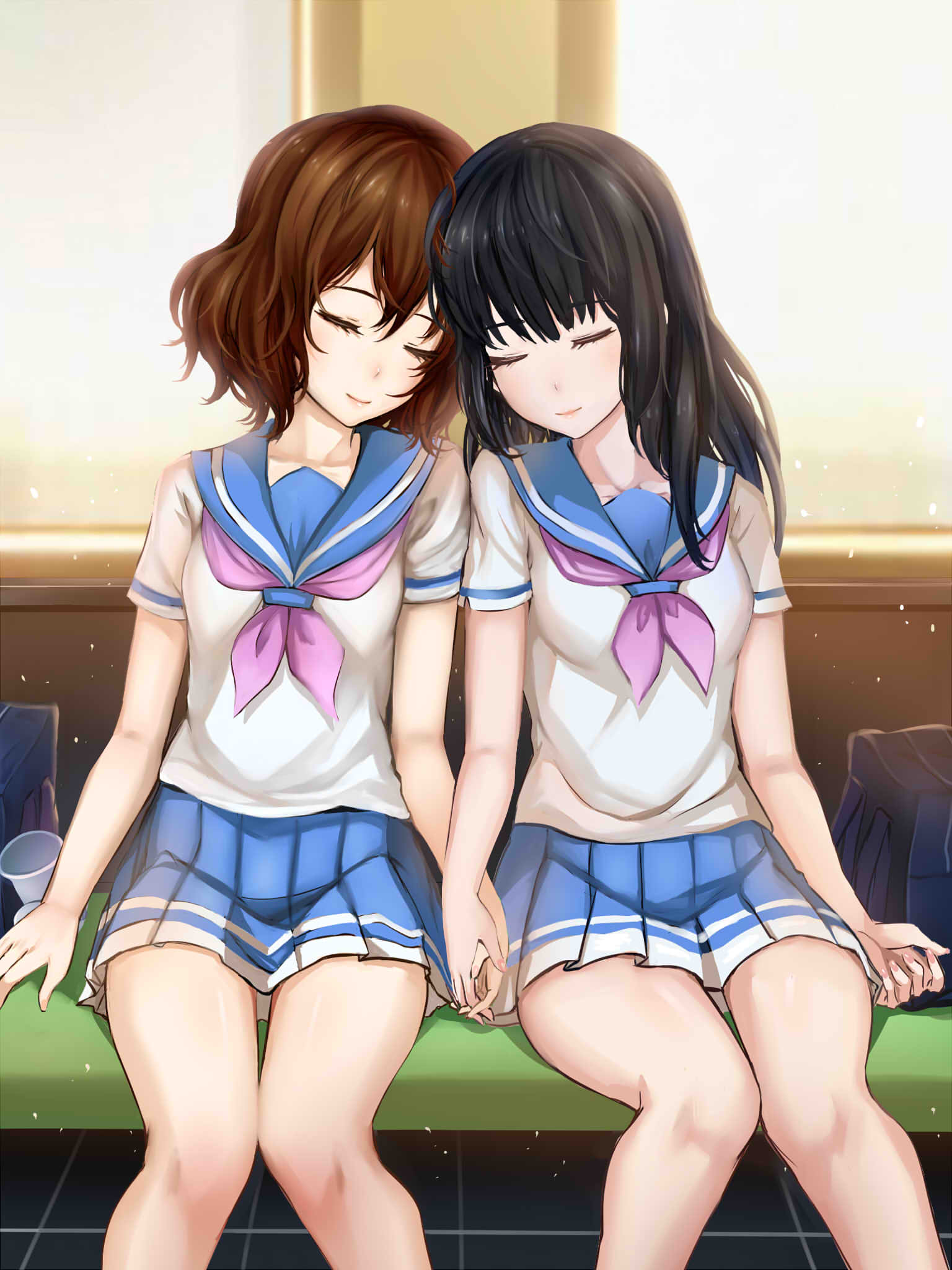 2girls backlighting bangs black_hair blue_skirt blunt_bangs blush brown_hair closed_eyes closed_mouth cowboy_shot ground_vehicle gyakushuu_no_hoshiumi hair_between_eyes hand_holding head-to-head head_to_head hibike!_euphonium highres knees_together_feet_apart kousaka_reina leaning_on_person legs long_hair multiple_girls nail_polish neckerchief oumae_kumiko pink_lips pink_nails pleated_skirt school_uniform serafuku shirt short_hair short_sleeves sitting skirt sleeping sleeping_on_person sleeping_upright smile train train_interior white_shirt yuri