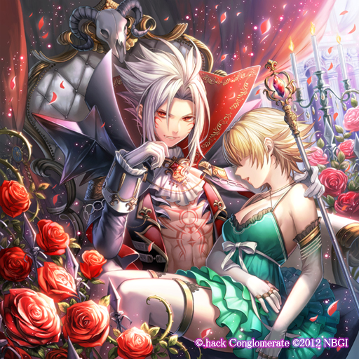 .hack// .hack//g.u. 1boy 1girl albino atoli_(.hack//) blonde_hair bow candle coat cravat elbow_gloves fang flower frills gloves green_skirt guilty_dragon hair_over_eyes haseo_(.hack//) looking_at_viewer petals popped_collar red_eyes red_rose rose scepter short_hair sitting sitting_on_lap sitting_on_person skirt smile spiky_hair thigh-highs ueooo unconscious white_bow white_gloves white_hair white_legwear