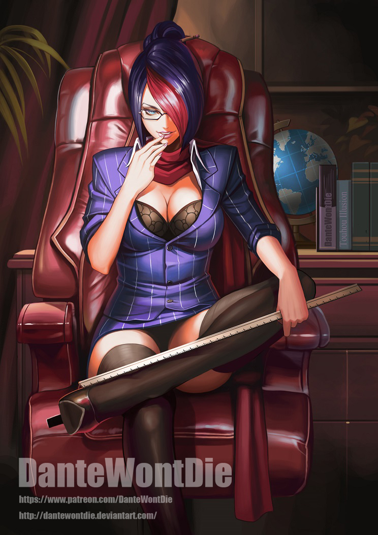 1girl alternate_costume artist_name black-framed_eyewear black_bra black_legwear blue_eyes book bra breasts chair cleavage curtains dantewontdie finger_to_mouth fiora_laurent folded_ponytail glasses globe grin hair_over_one_eye headmistress_fiora large_breasts league_of_legends legs_crossed looking_at_viewer measuring_stick multicolored_hair pencil pencil_skirt plant purple_hair red_leather redhead scarf sitting skirt sleeves_rolled_up smile solo striped striped_blouse striped_skirt thigh-highs underwear upskirt