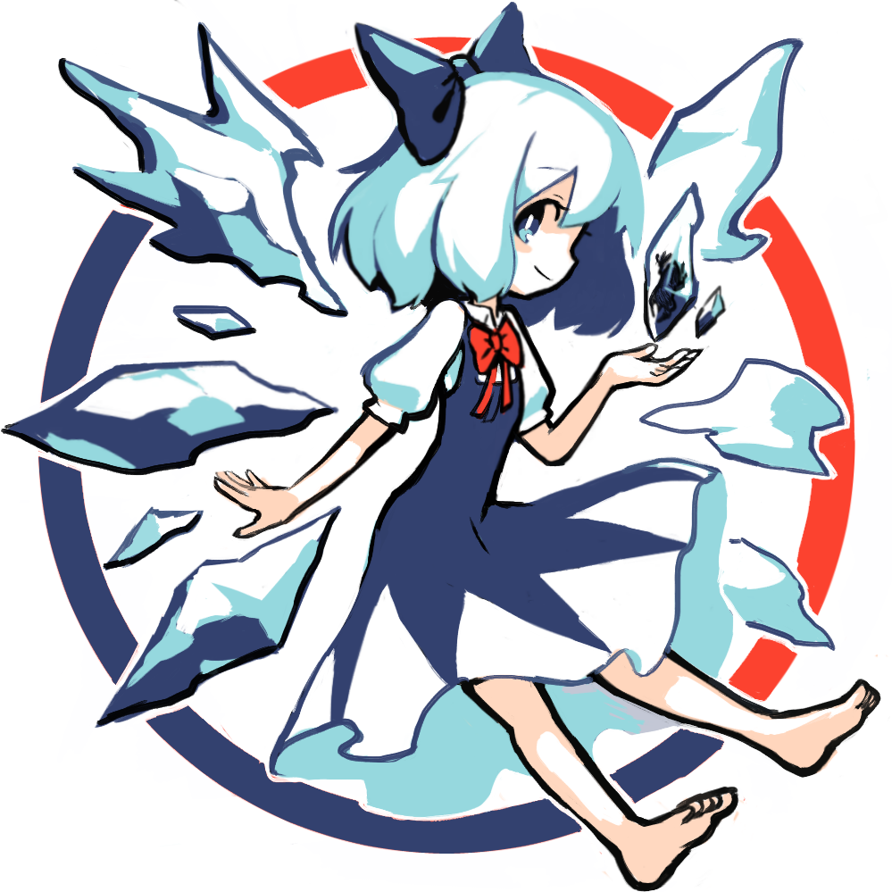 1girl barefoot blue_eyes blue_hair bow bowtie cirno dress full_body hair_bow hexed ice ice_wings looking_at_viewer puffy_short_sleeves puffy_sleeves short_sleeves touhou white_background wings